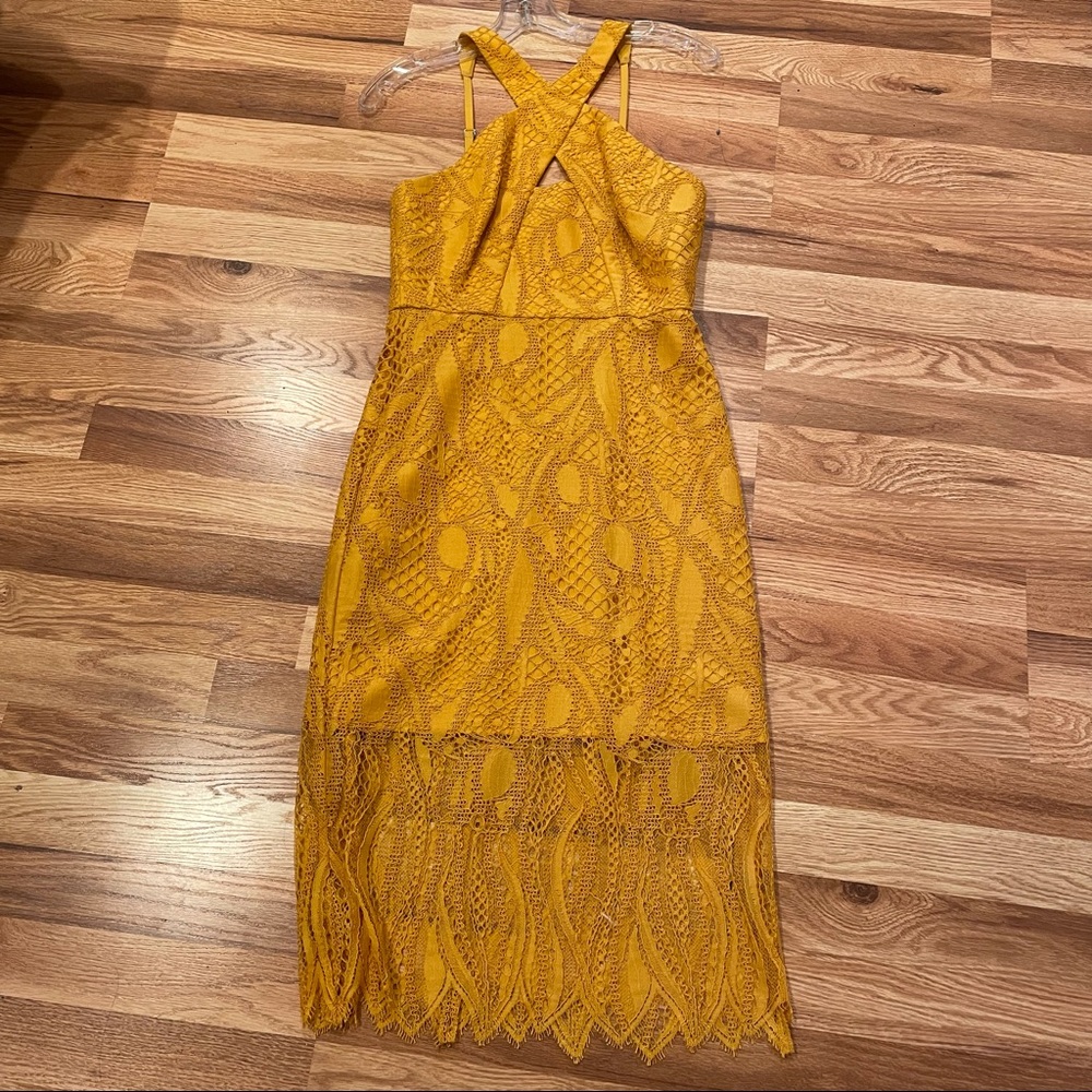 BCBGMaxazria Halter Lace Yellow Dress